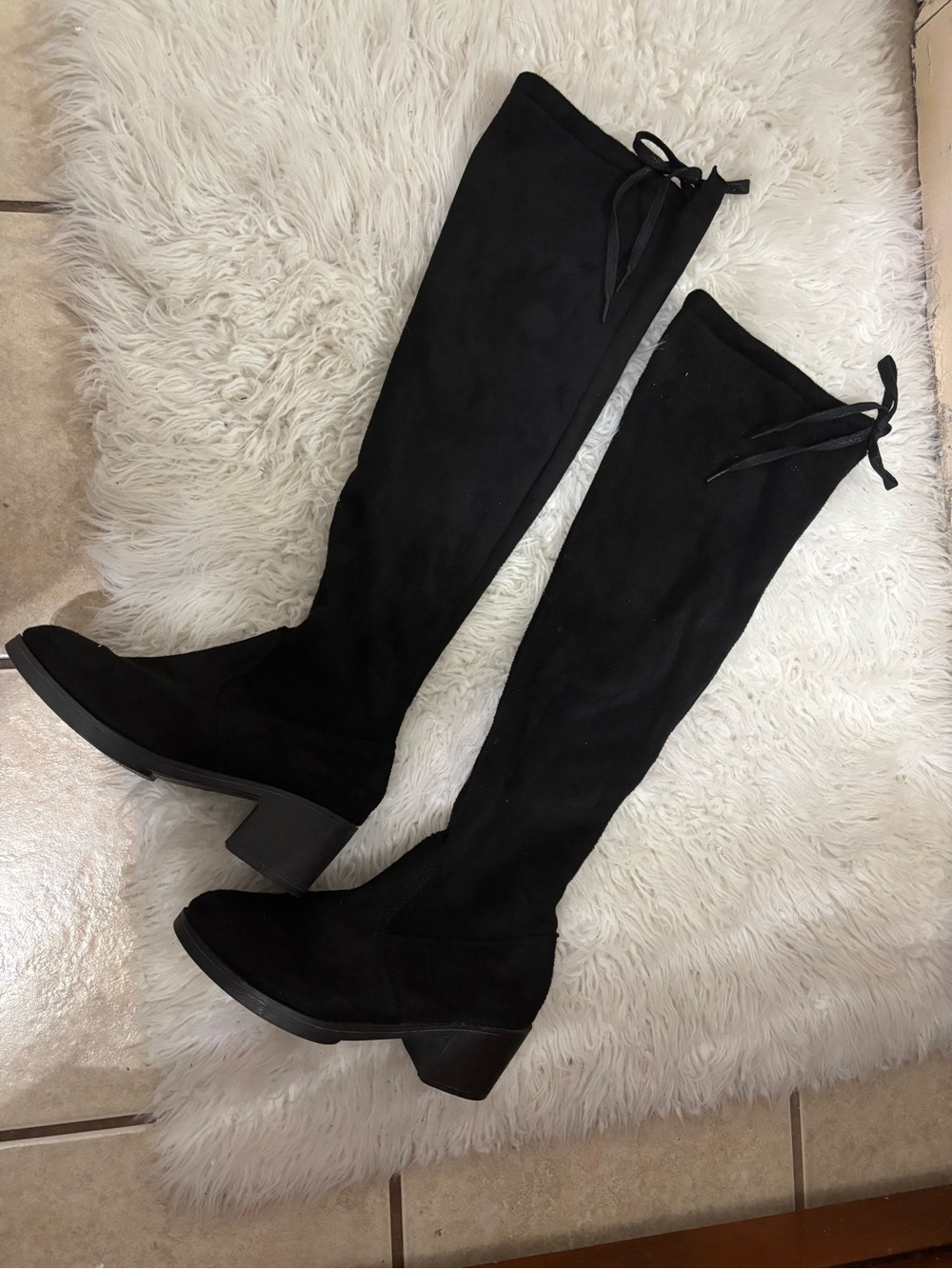 Women's Black Over-the-Knee Stretch Boots with Tie Detail